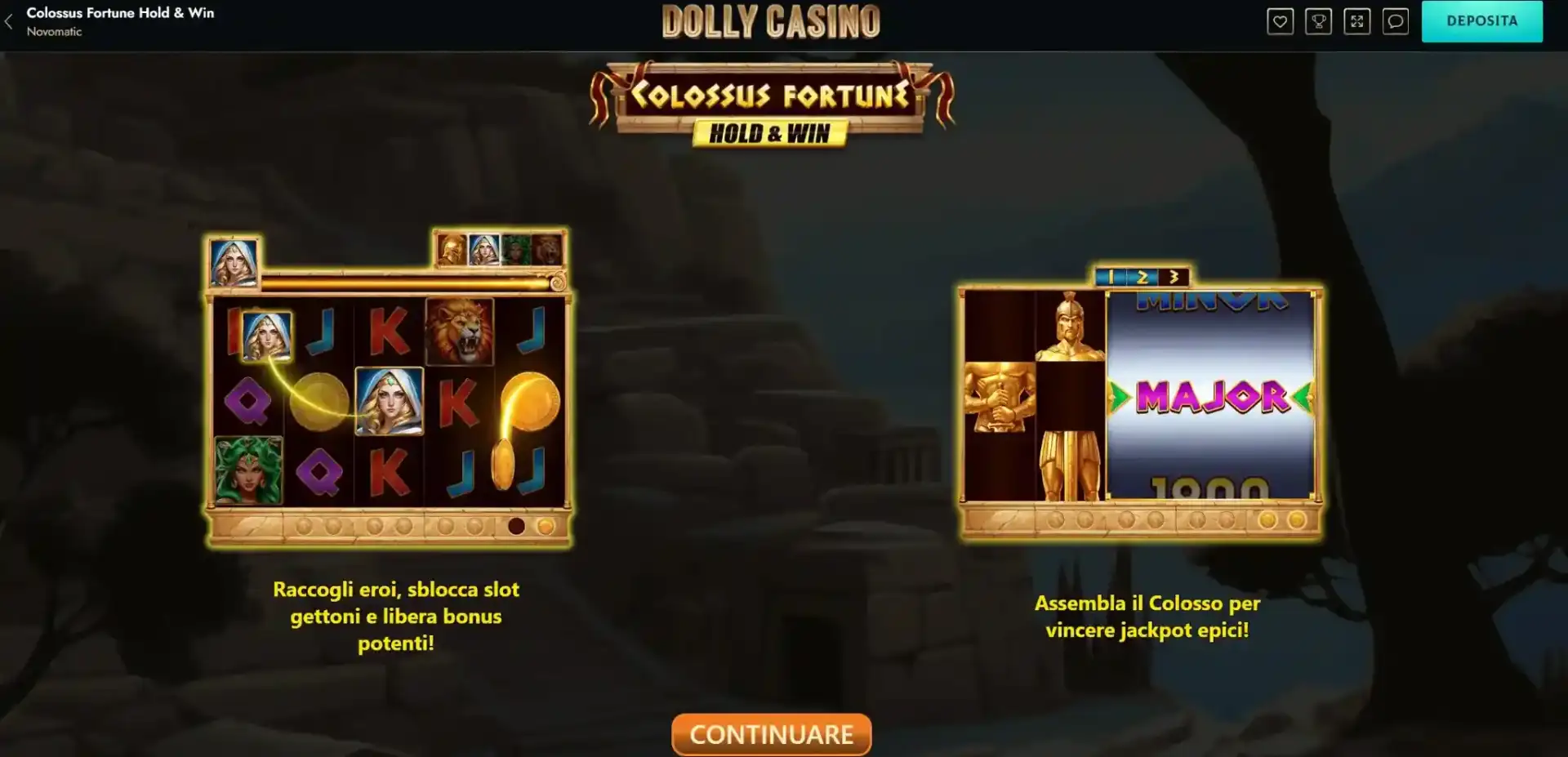 Schermata di una slot selezionata per i free spin su Dolly Casino