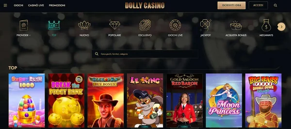 Menu di navigazione e lobby principale di Dolly Casino