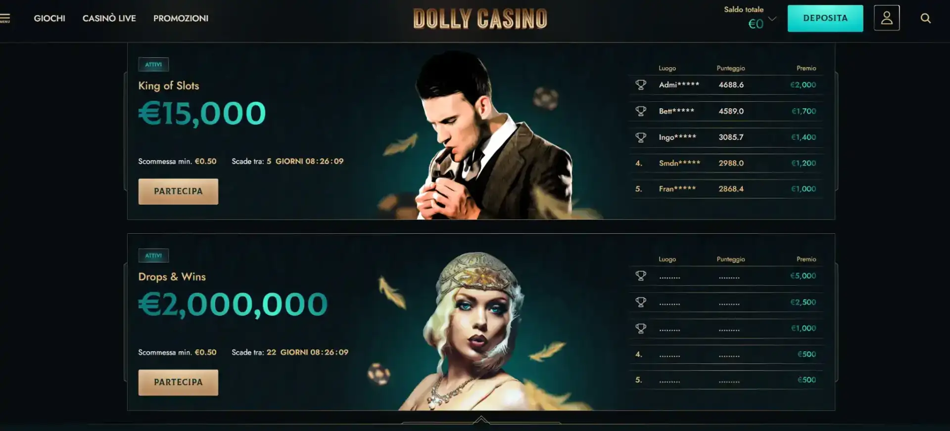 Pagina tornei con promo Drops & Wins su Dolly Casino